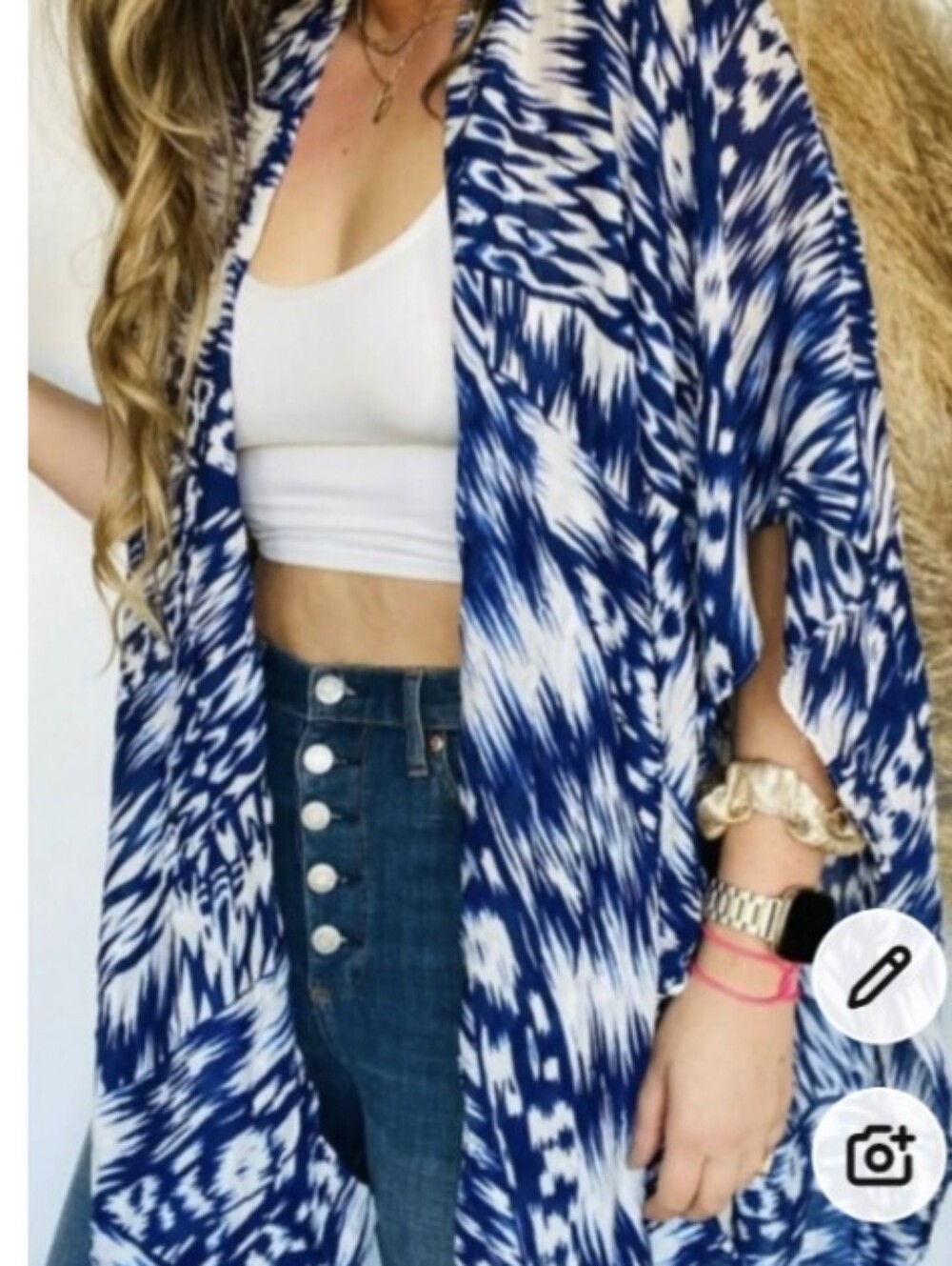 Michael Stars Blue & White Printed Swim Coverup Kimono